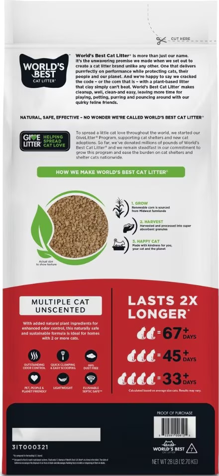 Multiple Cat Unscented, 28-Pounds - Natural Ingredients, Quick Clumping, Flushab