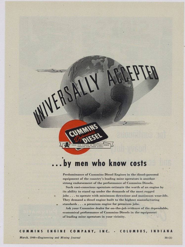 1948 Cummins Engine Co. Ad: Universally Accepted by Men who Know Costs