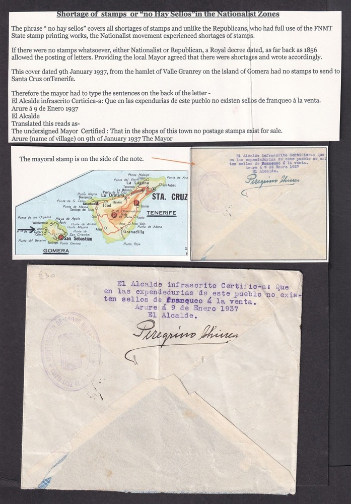 Spain 1937 Civil War cover typewritten NO STAMP AVAILABLE signed Postmaster