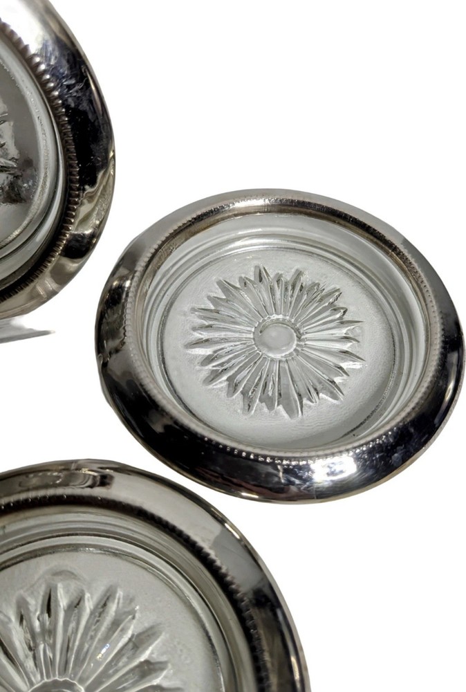 Set of 5 Vintage Leonard Silver Plate Crystal Coasters Starburst Pattern