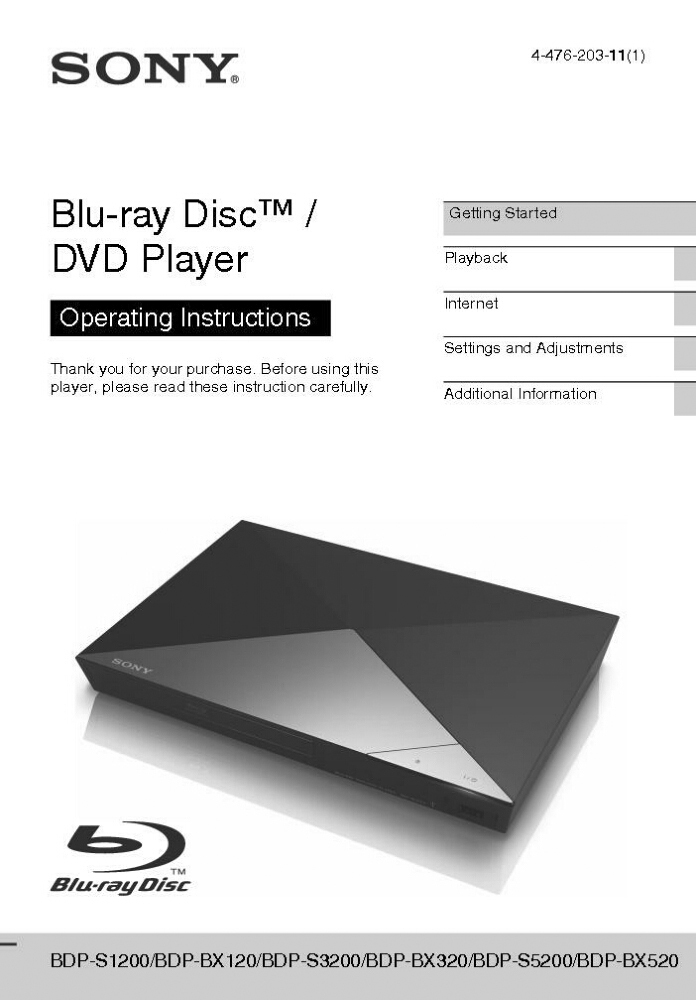 Sony BDP-BX120 Blu-ray Player Owners Manual