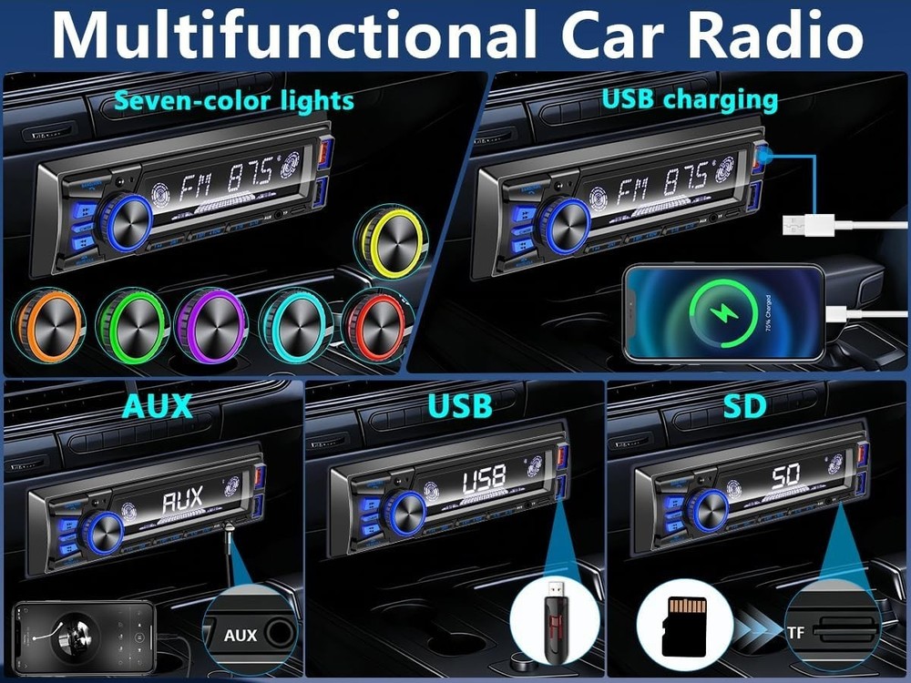 Bluetooth Single DIN Car Stereo – Fast Charging, 7 LED Modes & App Control