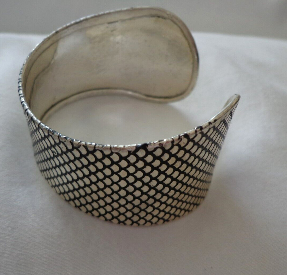 VINTAGE SILVER TONE & BLACK SCALE GOTHIC CUFF BRACELET 7" X 2"