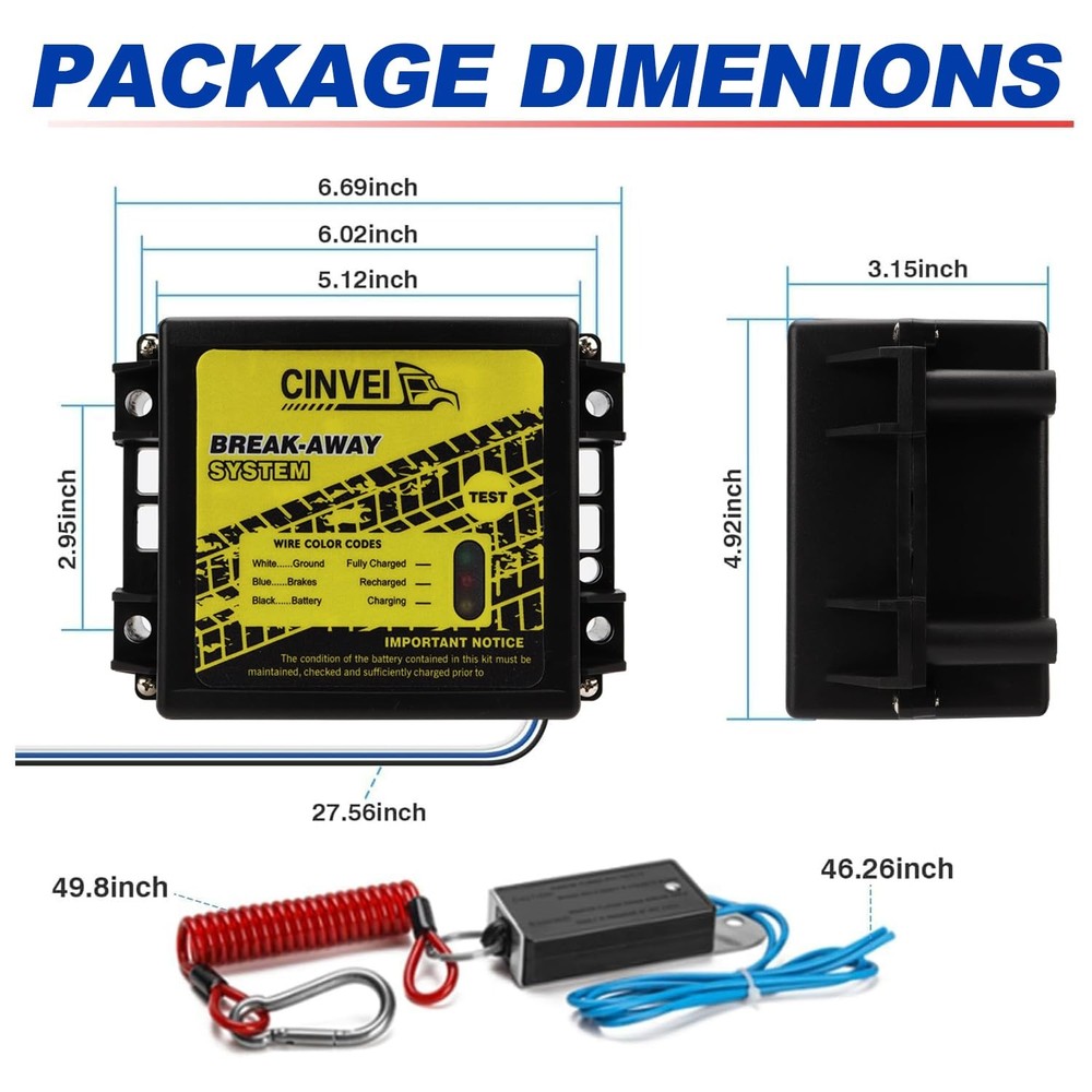 CINVEI Trailer Brakes Break-Away Kit Side Load Controller System Switch LED 12V