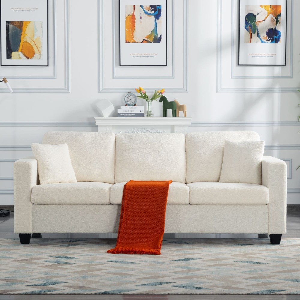 86.6" Plush Teddy Fabric Sofa Removable Covers 2 Pillows Wide Deep Seat