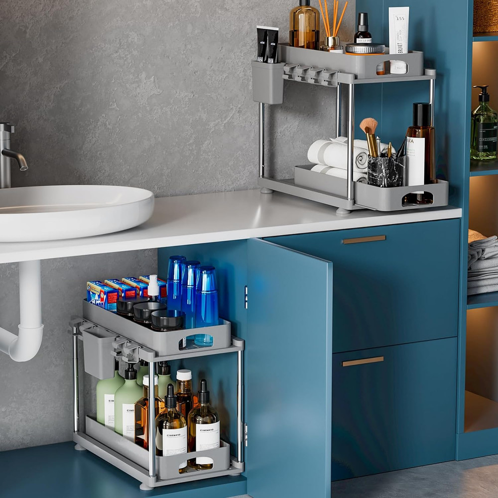 Under Sink Organizers and Storage, 2 Pack under Kitchen Bathroom Sink Organizer,