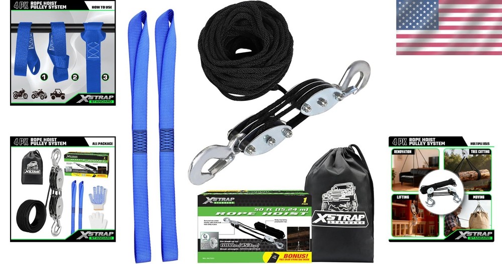 Durable 50FT Block and Tackle Pulley System - 2000 LB Breaking Strength