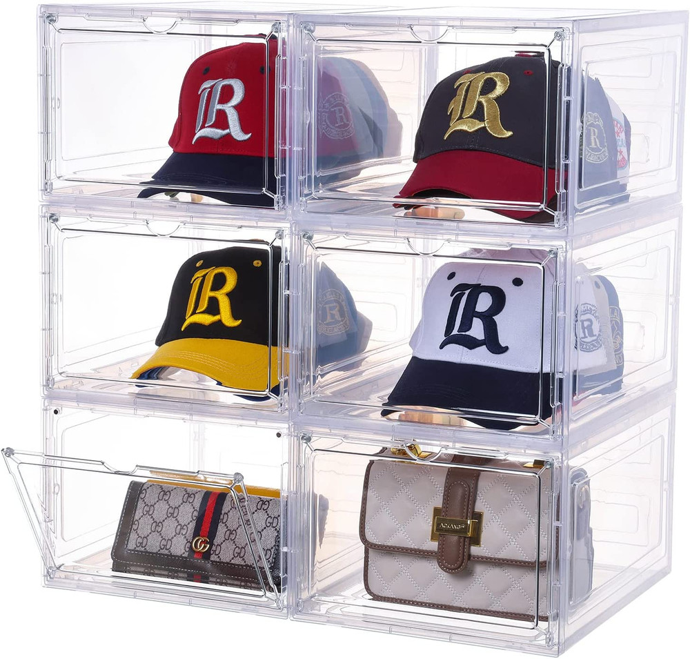 6-Pack Hat Organizer Transparent Hat Storage Box Stackable Clear Hat Rack