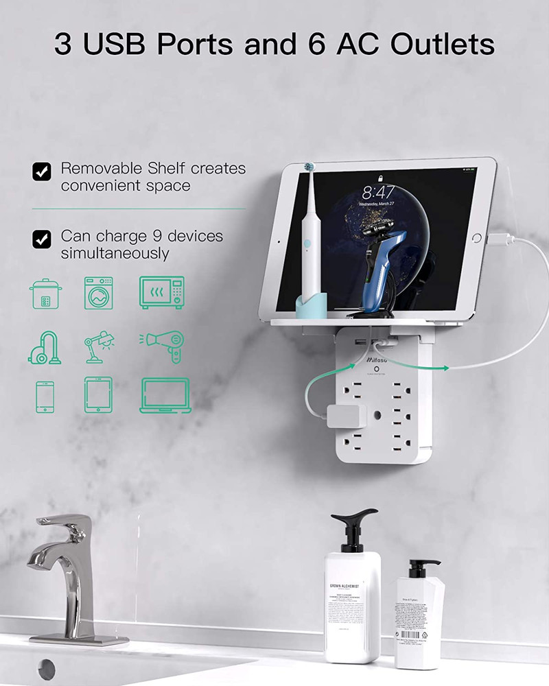 Wall Outlet Extender with Surge Protector, 6 AC Outlets, Shelf, 2 USB & USB C Ch