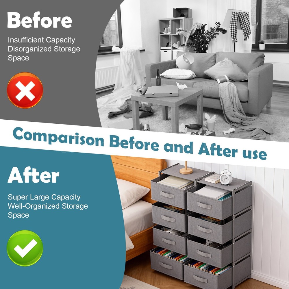 Non-Woven Fabric Multi-Functional Storage Cabinet, Double Row 8-Drawer, Grey