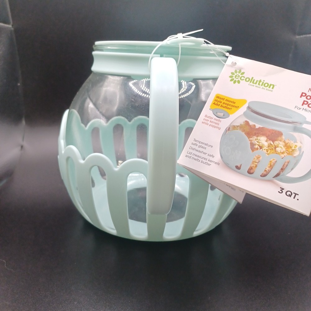 Ecolution Micro-Pop Microwave Glass Popcorn Popper Mint Green Lid Bowl