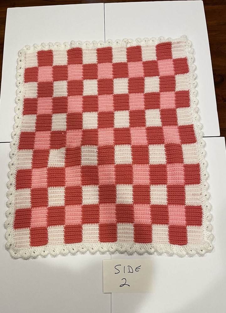 Hand Crocheted Pink Gingham Baby Blanket ￼