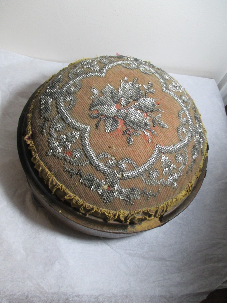 Antique Victorian Needlework Beaded Round Low Foot Stool