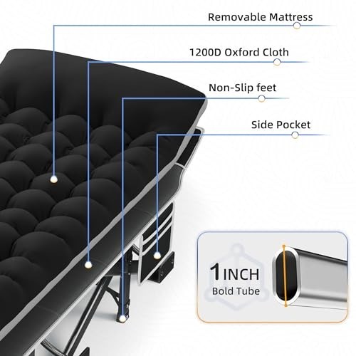 Extra Wide Camping Cot with Mattress, 600LBS Capacity, Portable Sleeping Bed for