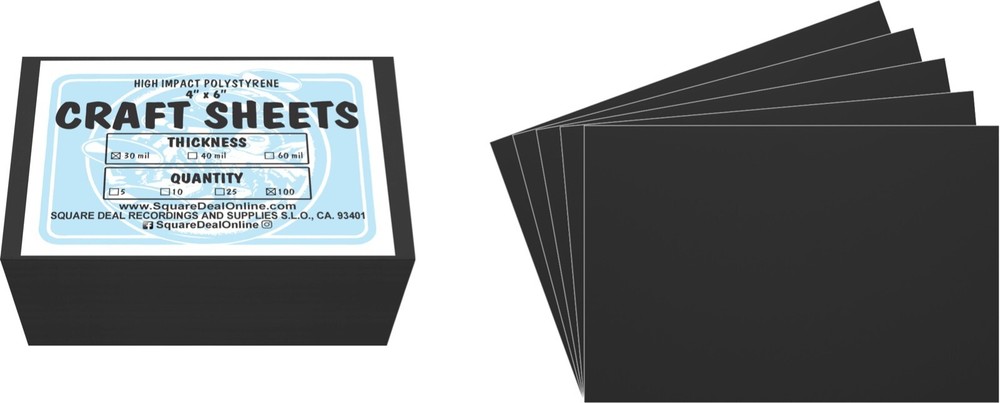 Black Flex Plasticard Polystyrene Craft Sheets - 4"x6" - .030" thick - 100 Pack