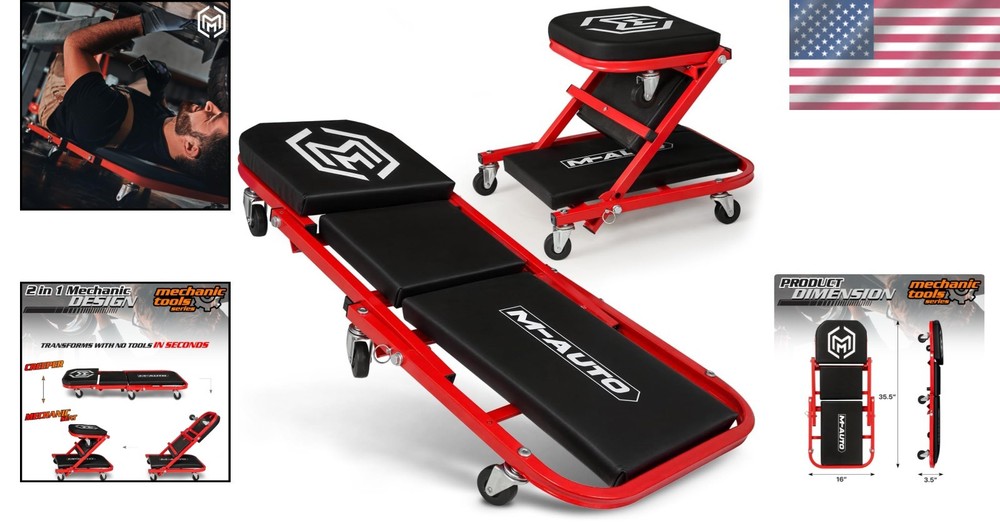 2-in-1 Rolling Creeper & Seat, 36", 330LBS Capacity, Red