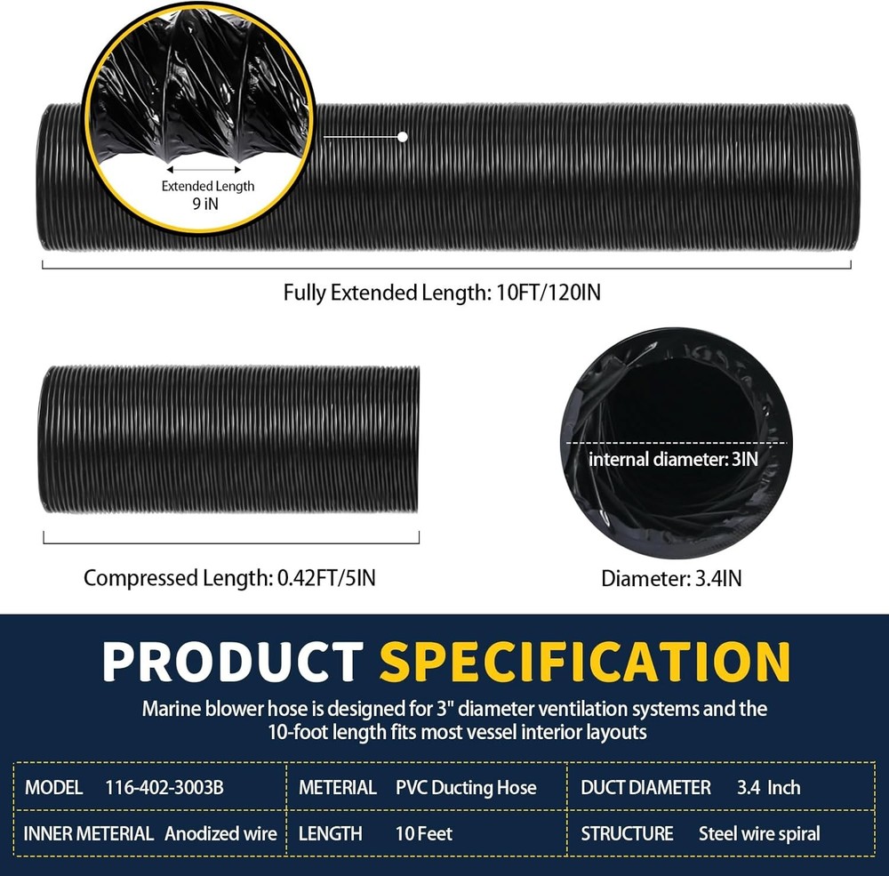 3 Inch x 10Ft Flexible Boat Blower Hose for Marine Bilge Vent Blower Exhaust Fan