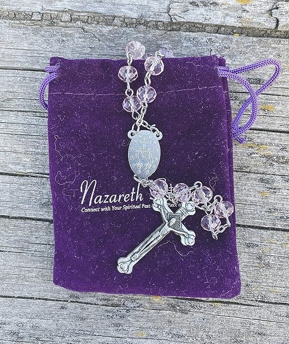 Pink Crystallized Glass Beads Rosary Necklace with Miraculous Medal