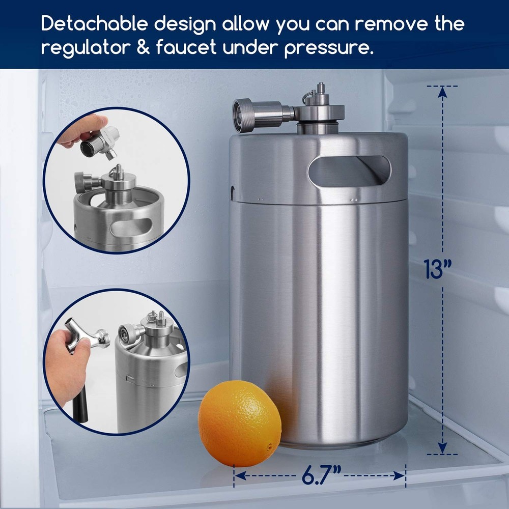 128OZ Double-Walled Mini Keg Growler, Pressurized Home Beer Dispenser System ...
