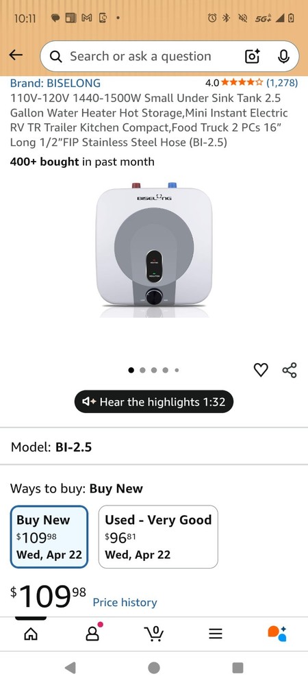 Biselong BI-2.5 Mini Electric Storage Tank Water Heater 2.5 Gal 110/120V