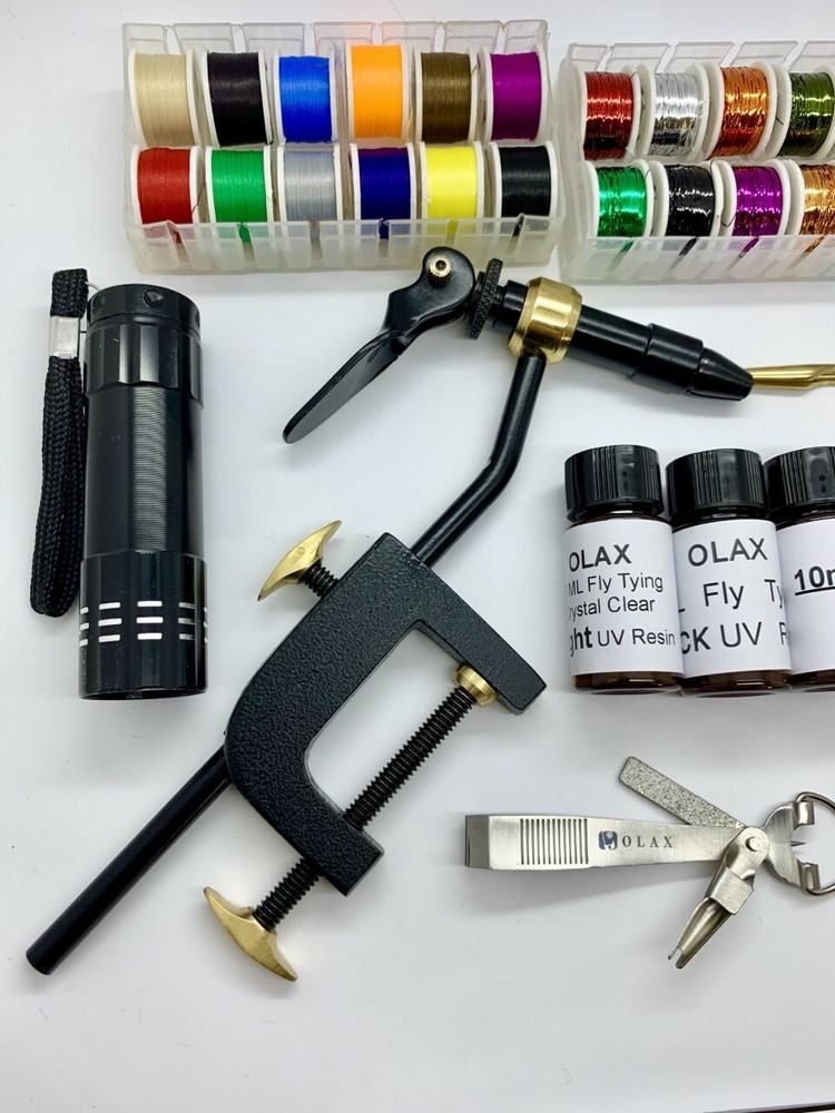 Olax Kodiak Fly Tying Tool & Material Kit, Floss, Tinsel, Thread, Glue