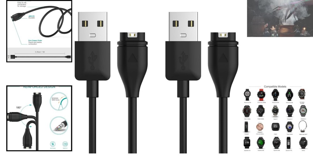 2-Pack 1M USB Charging Cable for Garmin Watches - Fast & Durable