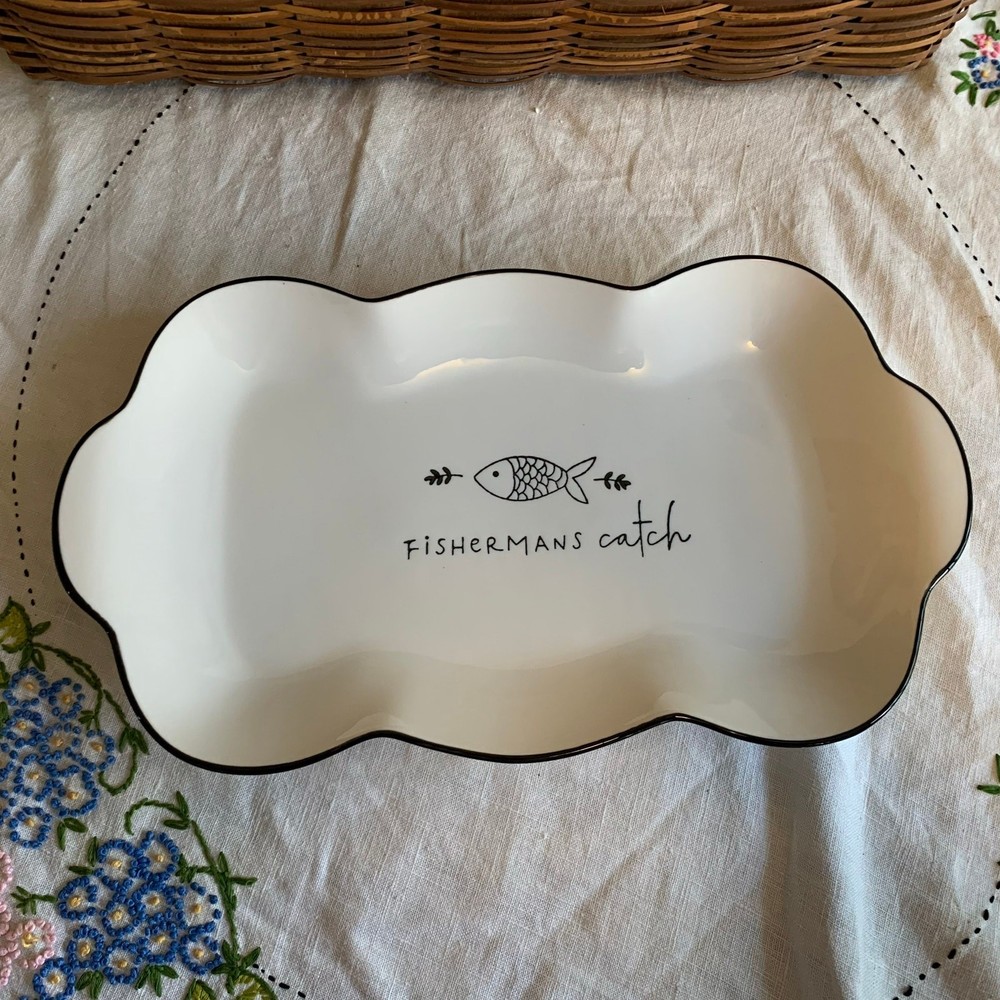Fisherman's Catch Ceramic Serving Platter & Two Rice Bowls Dining Kitchen Décor
