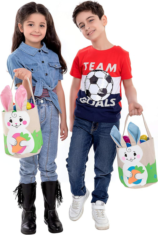2 PCS Easter Bunny Burlap Basket Set Easter Eggs Hunt Basket Canvas Gift Tote Ba