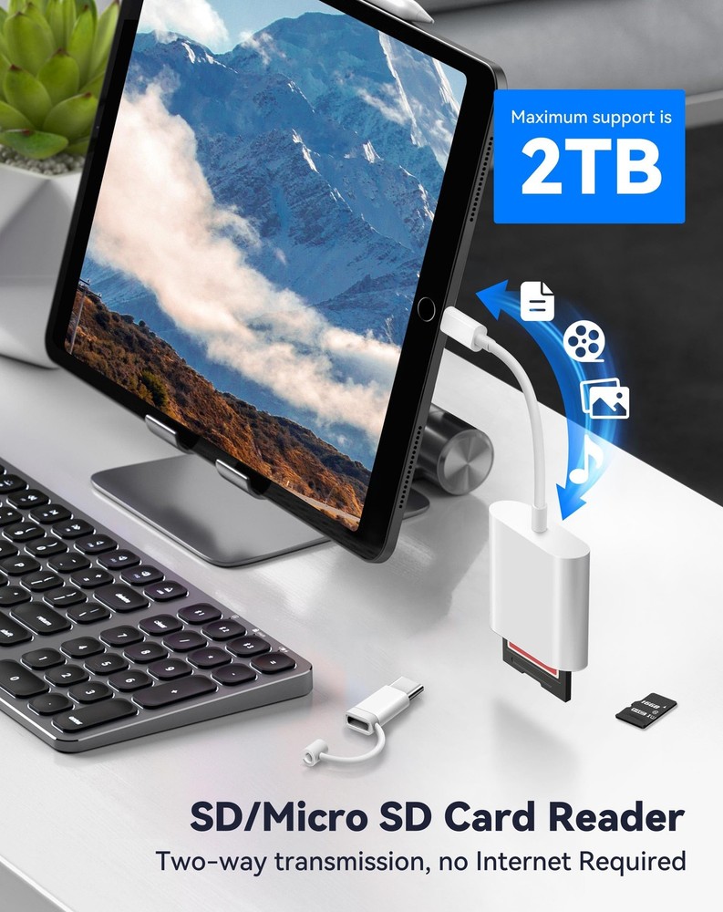 SD Card Reader for iPhone iPad, Dual 2 Slots (Lightning+USBC), White