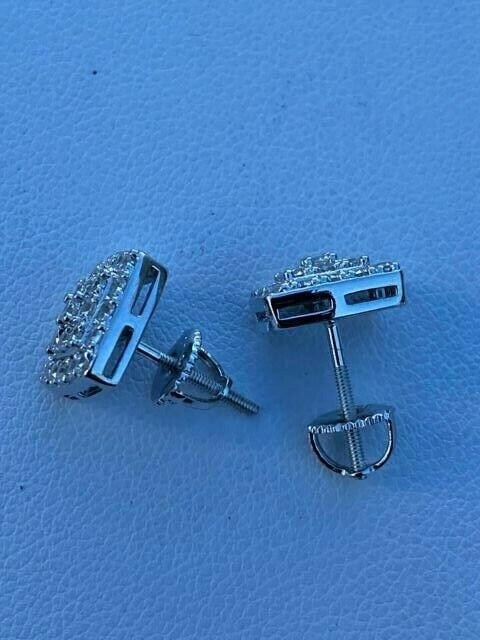 Real Solid 925 Silver Iced Simulated Diamond Earrings Screw Back Square Men's