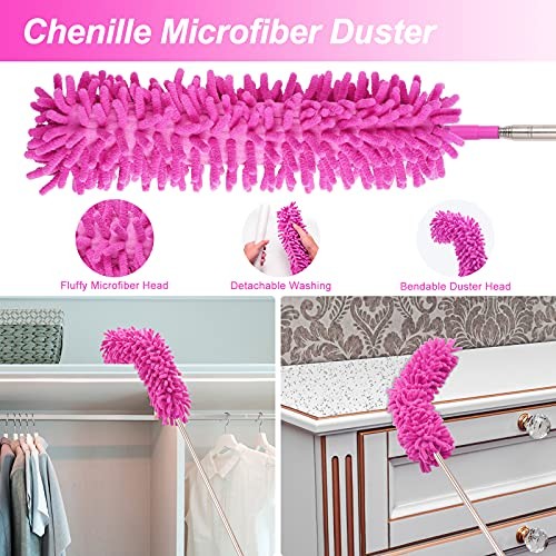 Microfiber Dusters for Cleaning, Feather Dusters with Extension Pole, Bendable