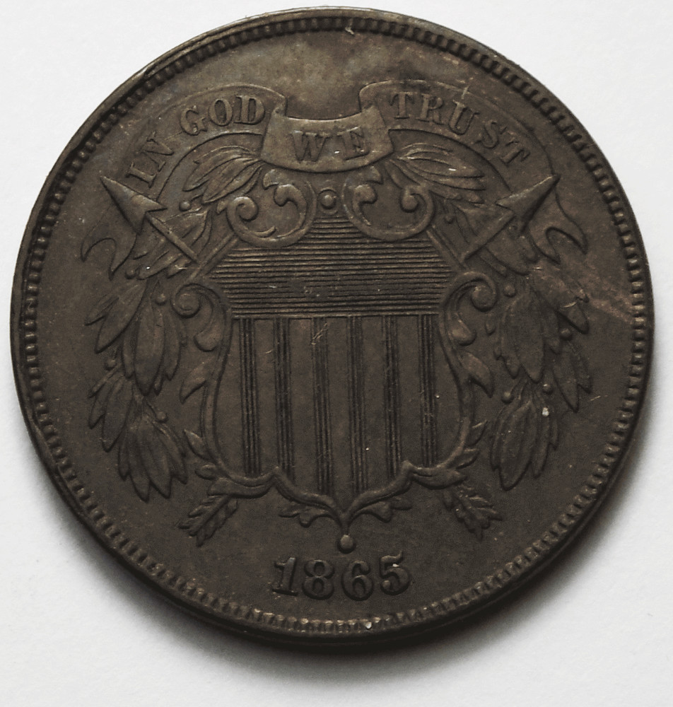 1865 2c Shield Two Cent Piece US Coin Fancy 5 AU