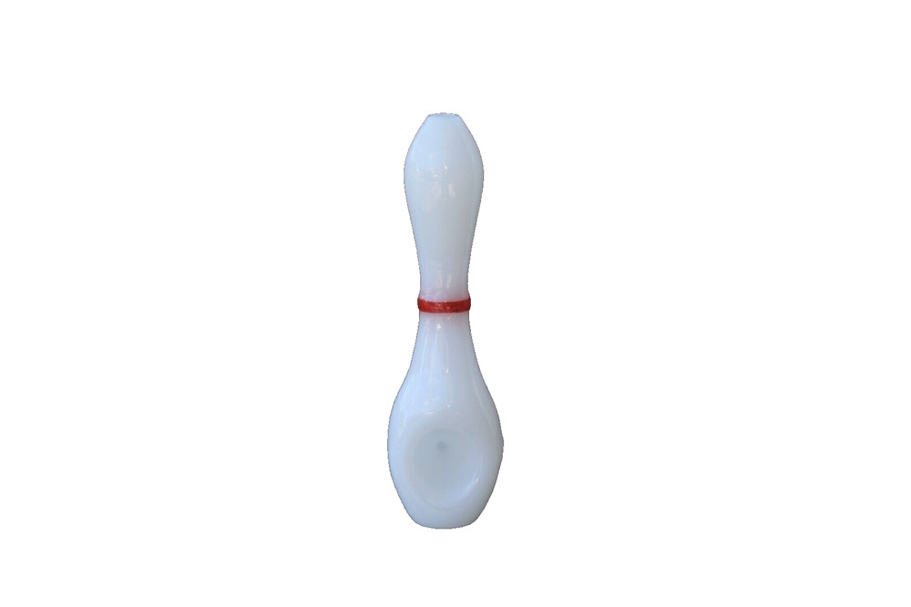 4-3/4" Bowling Ball Pin Spoon Pipe, White With Red Ring.