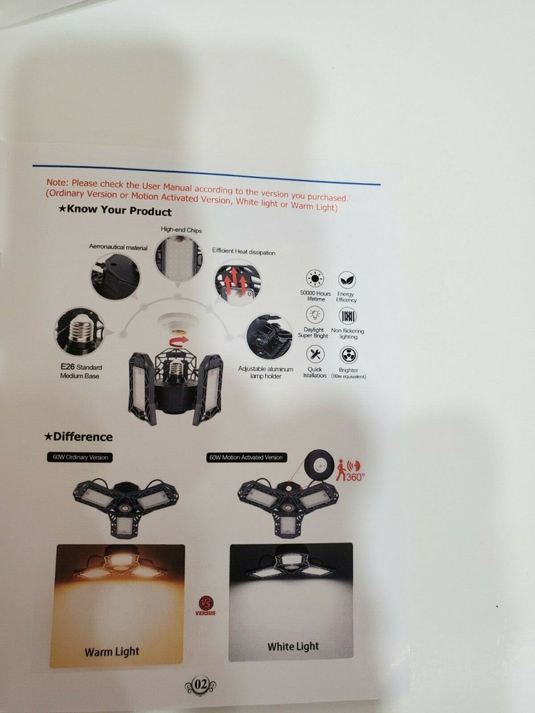 Motion Sensor NO Tools Req'd Garage Light Ceiling 6000 Lumens w/ 60W Deformable