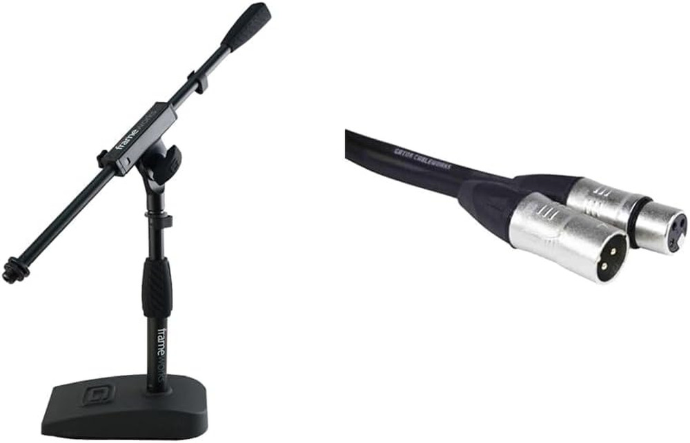 Short Weighted Base Desktop Microphone Stand + Cableworks Backline Series 5Ft XL