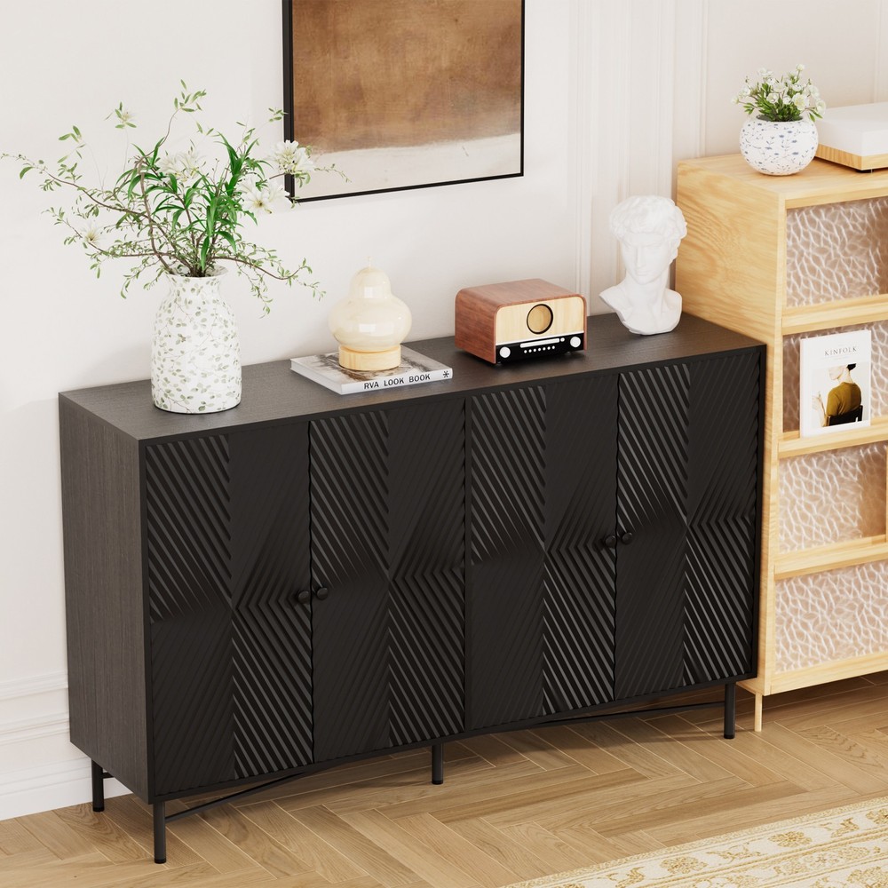 59" Fluted Sideboard Buffet Cabinet w/4 Doors Black Kitchen Storage Sideboard US