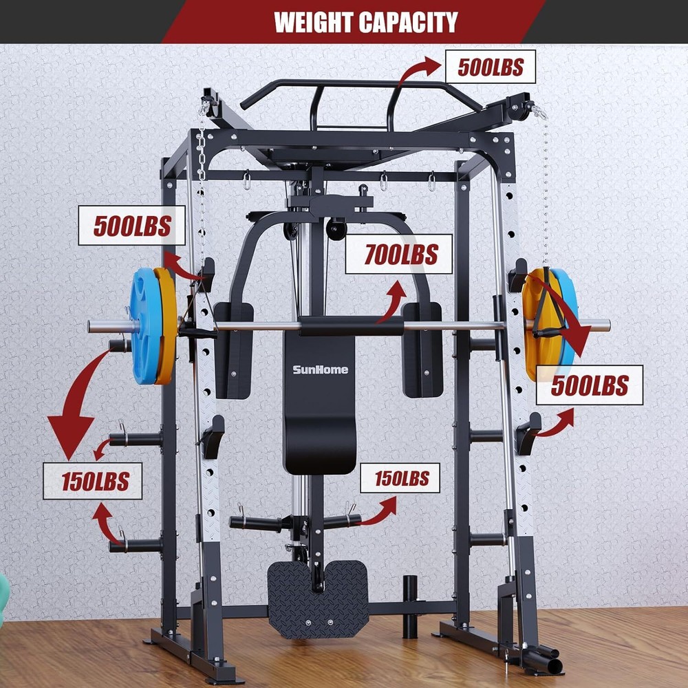 Smith Machine Power Cage Squat Rack with Smith Bar Cable Crossover Machine