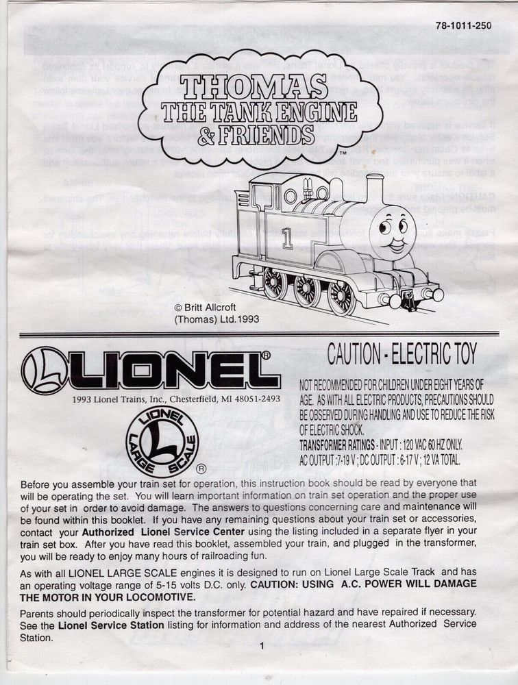 Lionel Thomas the Tank Engine & Friends Manual ONLY