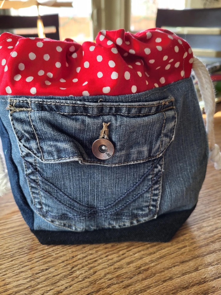 Upcycled Denim Project Bag: Drawstring Sock Sack for Knitters