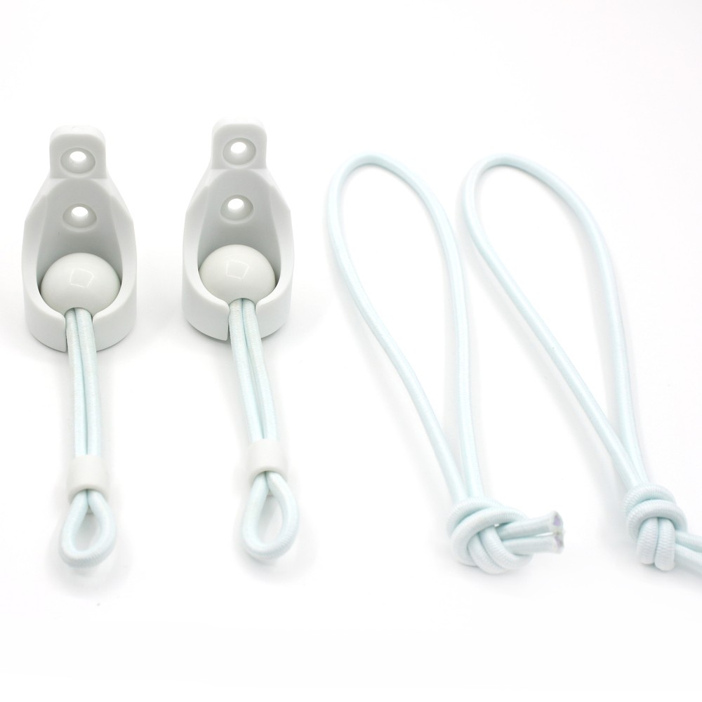 Exterior roller shade bungee tie downs with Circle receiver bungee cords white