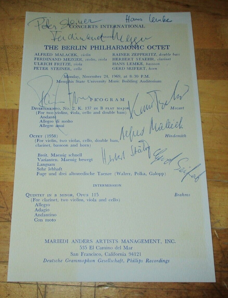 Vintage Berlin Philharmonic Octet Signed Program - 11/24/1969 Performance