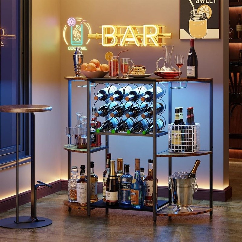 Smart LED Wine Bar Cabinet W/ Storage Glasses & Bottles Multi-Functional Decor