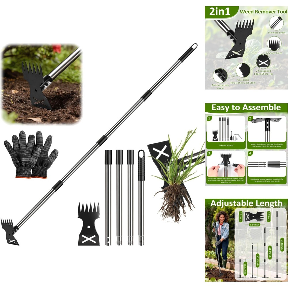 2-in-1 Weed Puller Tool & Garden Hoe Long Handle Manual Weeder Rake Adjustable