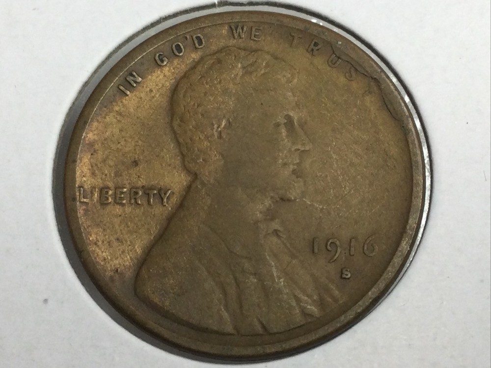 1916-S obverse cud Error Lincoln Cent