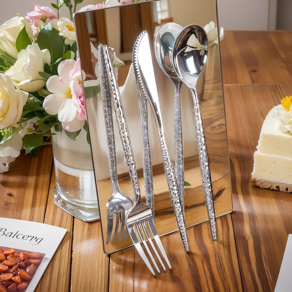 Rubtlamp 180 Pcs Silver Plastic Silverware - Hammered Disposable Silverware -...
