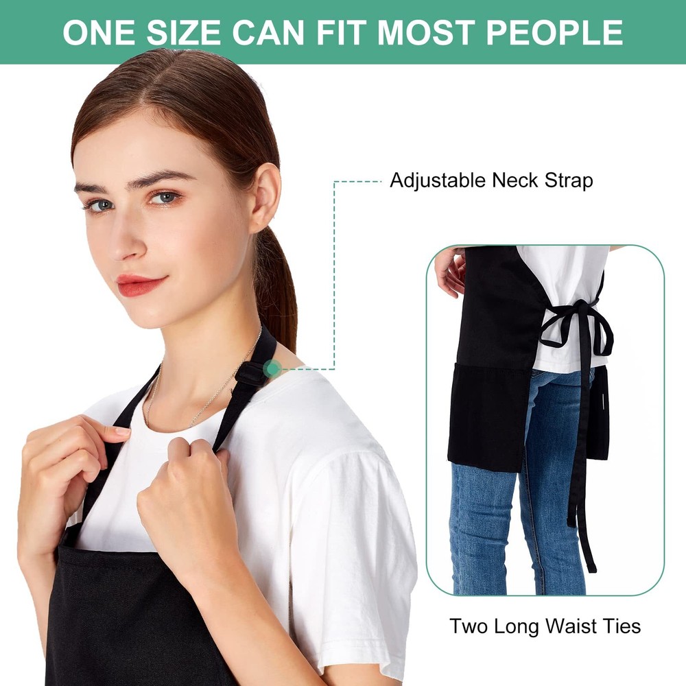 2 Pack Bib Apron 3 Pockets Adjustable Chef Kitchen Cooking Aprons Black