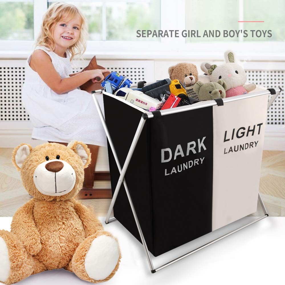 2-Section Laundry Hamper with Aluminum X-Frame Folding Washing Basket Bag