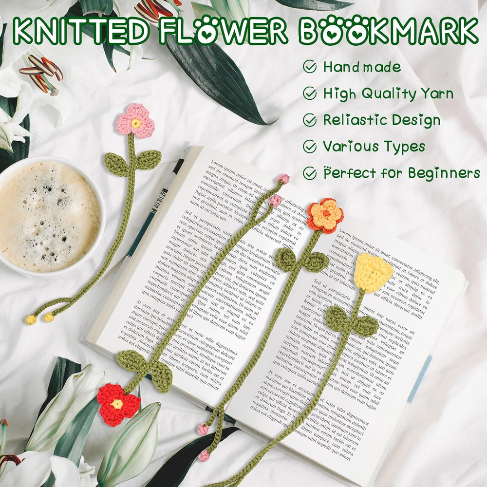 Beginner Crochet Kit: 8 Flower Bookmarks with Video Tutorials & Yarn Set