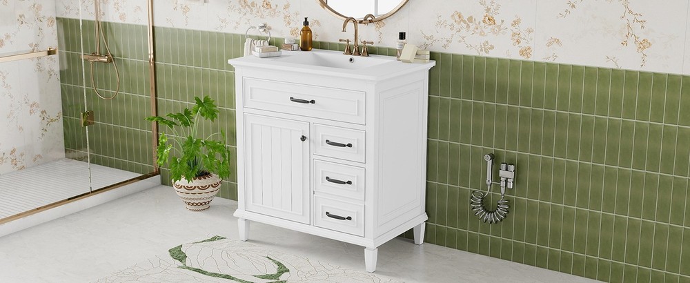 30" White Bathroom Vanity with Ceramic Sink and Solid Wood Cabinet