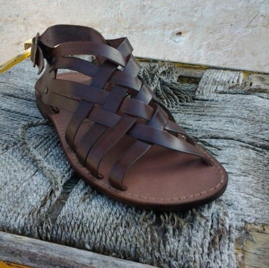 Men's 100% Leather Sandals with Leather Sole Made in Italy Dark Brown